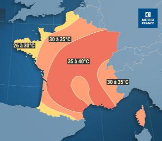 Une carte de Météo France montrant les températures probables en France à partir du lundi 22 juillet 2019